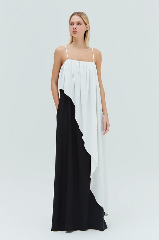 VESTIDO LONGO ALÇA CREPE PATOU PRETO E OFF WHITE (8319875088611)