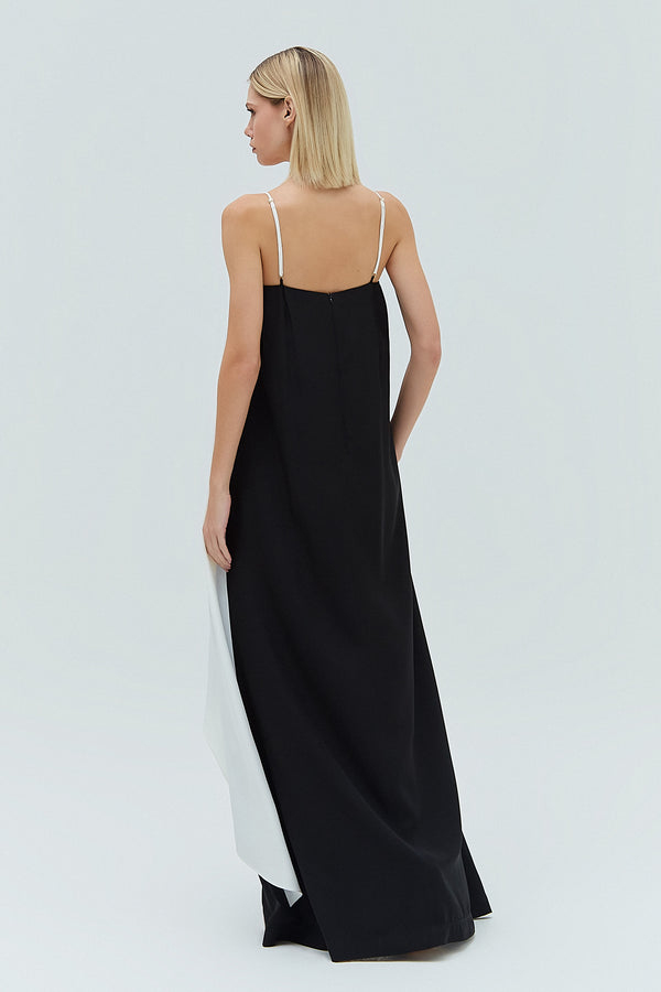 VESTIDO LONGO ALÇA CREPE PATOU PRETO E OFF WHITE (8319875088611)
