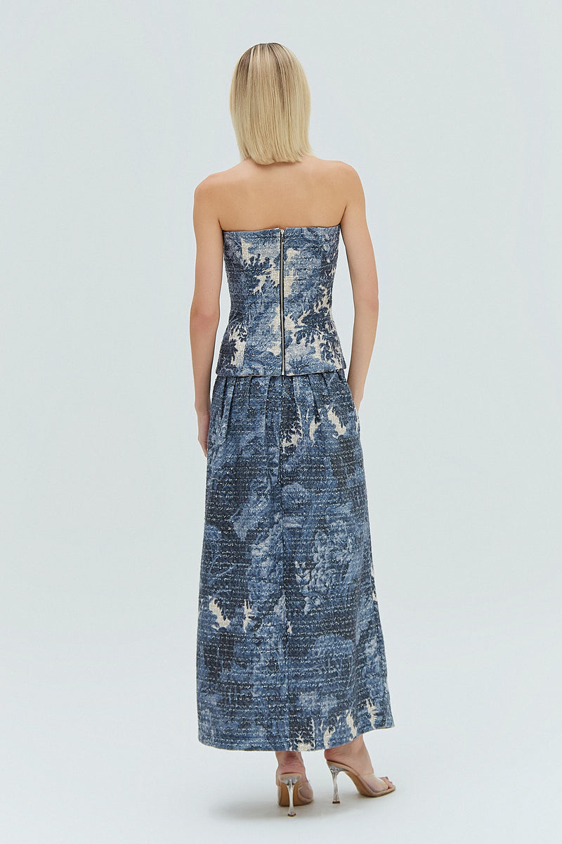 SAIA LONGA PREGAS TWEED ESTAMPA FLORESTA AZUL (8319873876195)