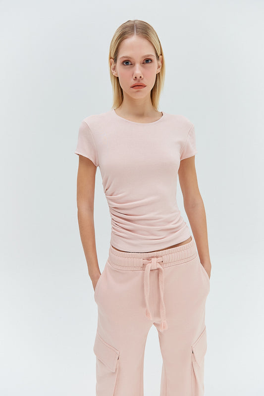 CAMISETA BABY LOOK DRAPEADA MALHA ROSA (8319872565475)