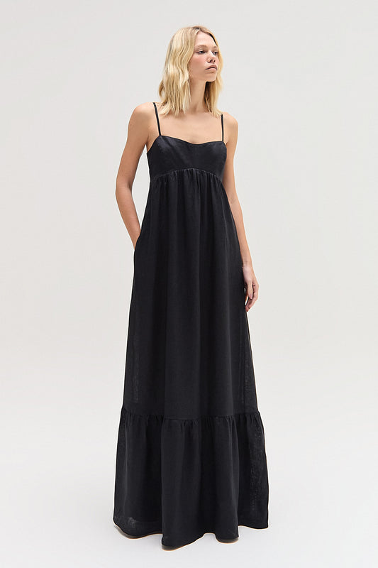 VESTIDO LONGO LINHO PEITO ESTRUTURADO RECORTES PRETO (8616967405795)