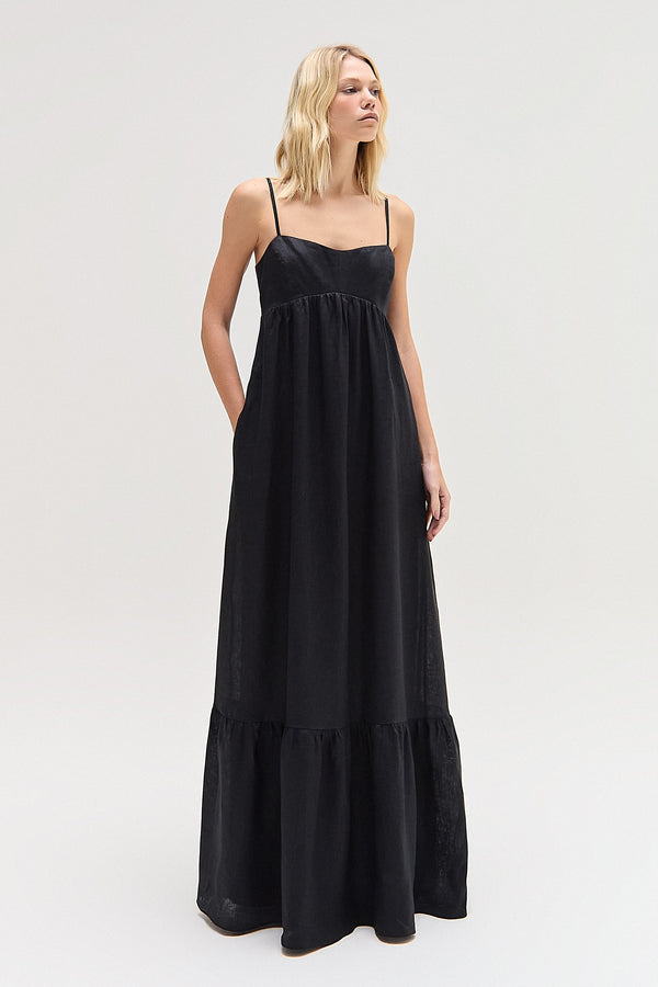 VESTIDO LONGO LINHO PEITO ESTRUTURADO RECORTES PRETO (8616967405795)