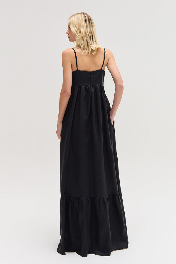 VESTIDO LONGO LINHO PEITO ESTRUTURADO RECORTES PRETO (8616967405795)