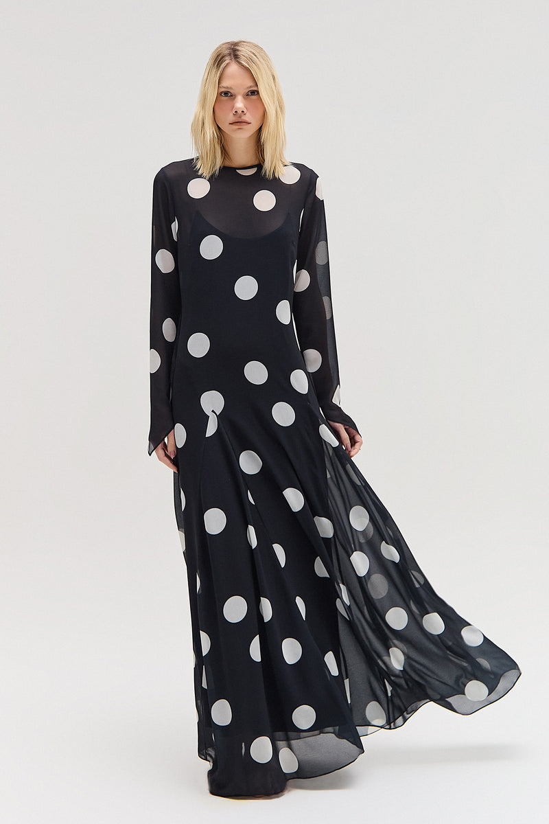 VESTIDO LONGO NESGAS MANGA LONGA GGT VISCOSE POÁ PRETO – TIG STORE