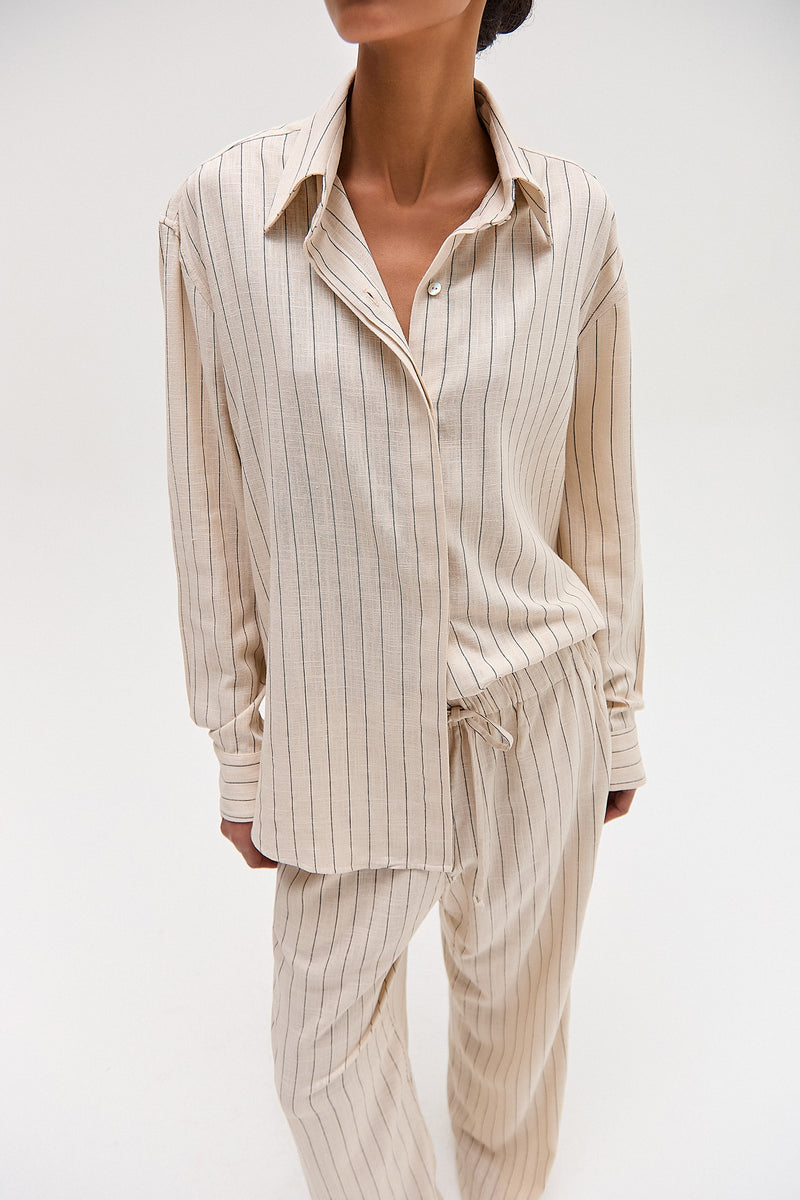 CAMISA LINHO MISTO RISCA DE GIZ BEGE (8616965669091)