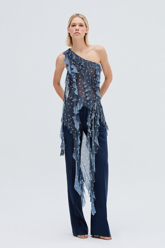 BLUSA UM OMBRO BABADOS TULE POÁ AZUL MARINHO (8257060503779)