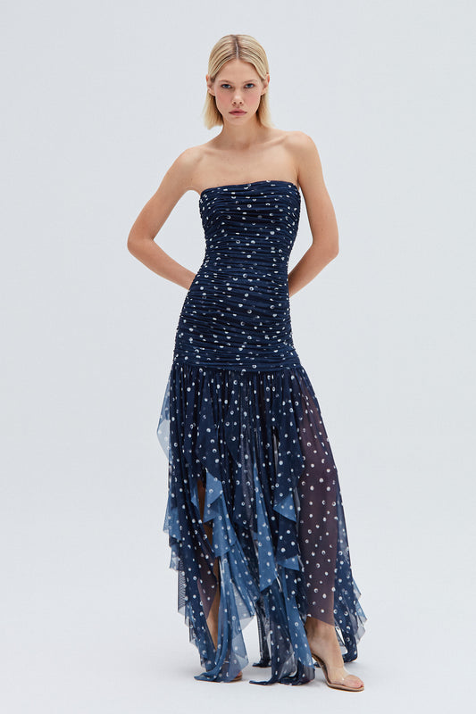 VESTIDO TOMARA QUE CAIA DRAPEADO TULE POÁ  AZUL MARINHO (8257064173795)