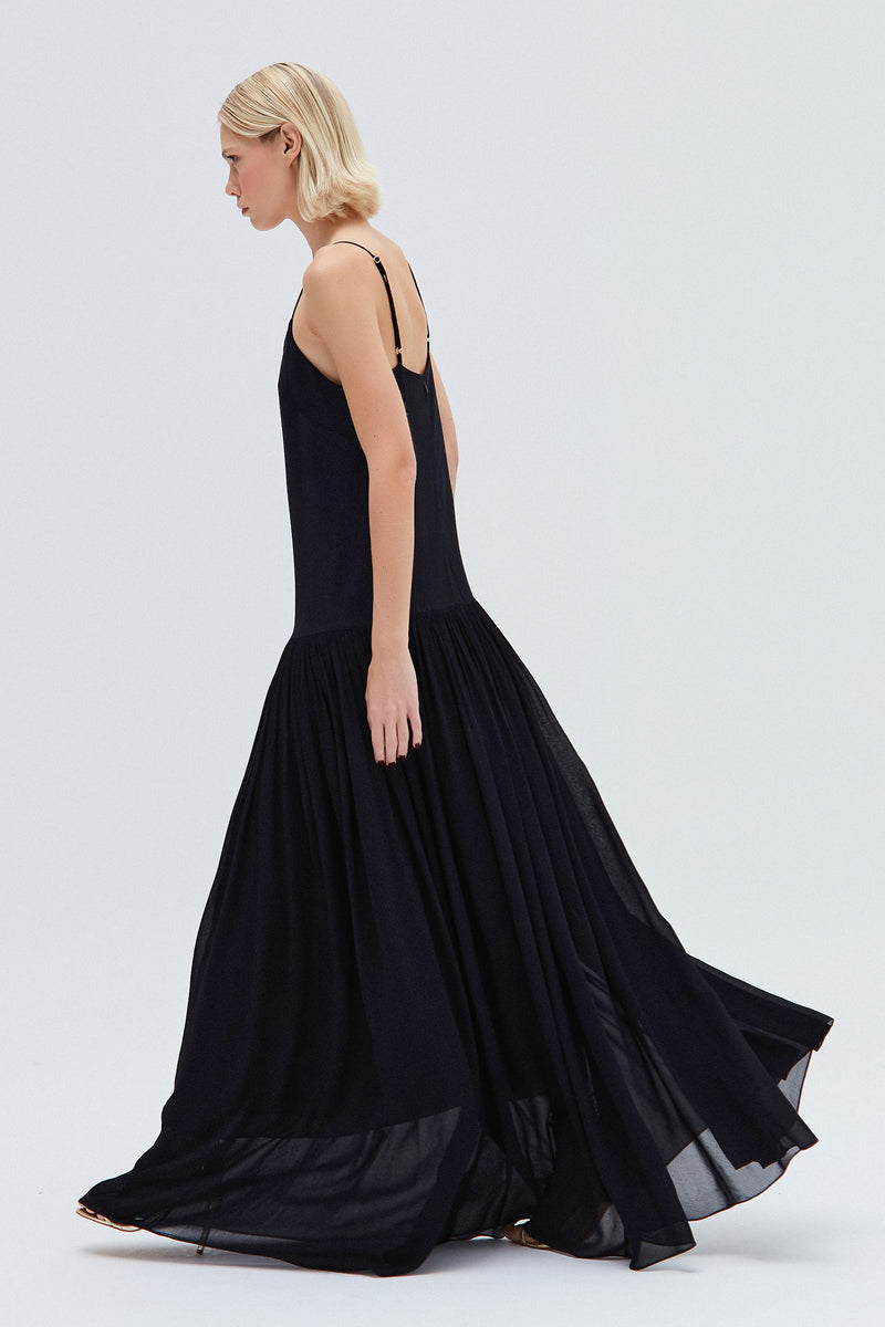 VESTIDO LONGO ALÇA CREPE E GEORGETTE PRETO (8257063125219)