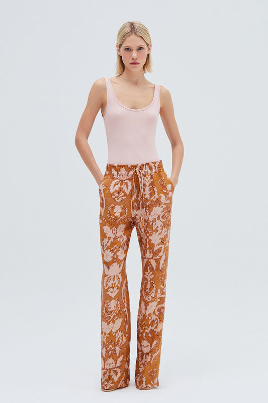 CALÇA LINHO ELÁSTICO CINTURA  ESTAMPA FLORAL OCRE (8257060864227)