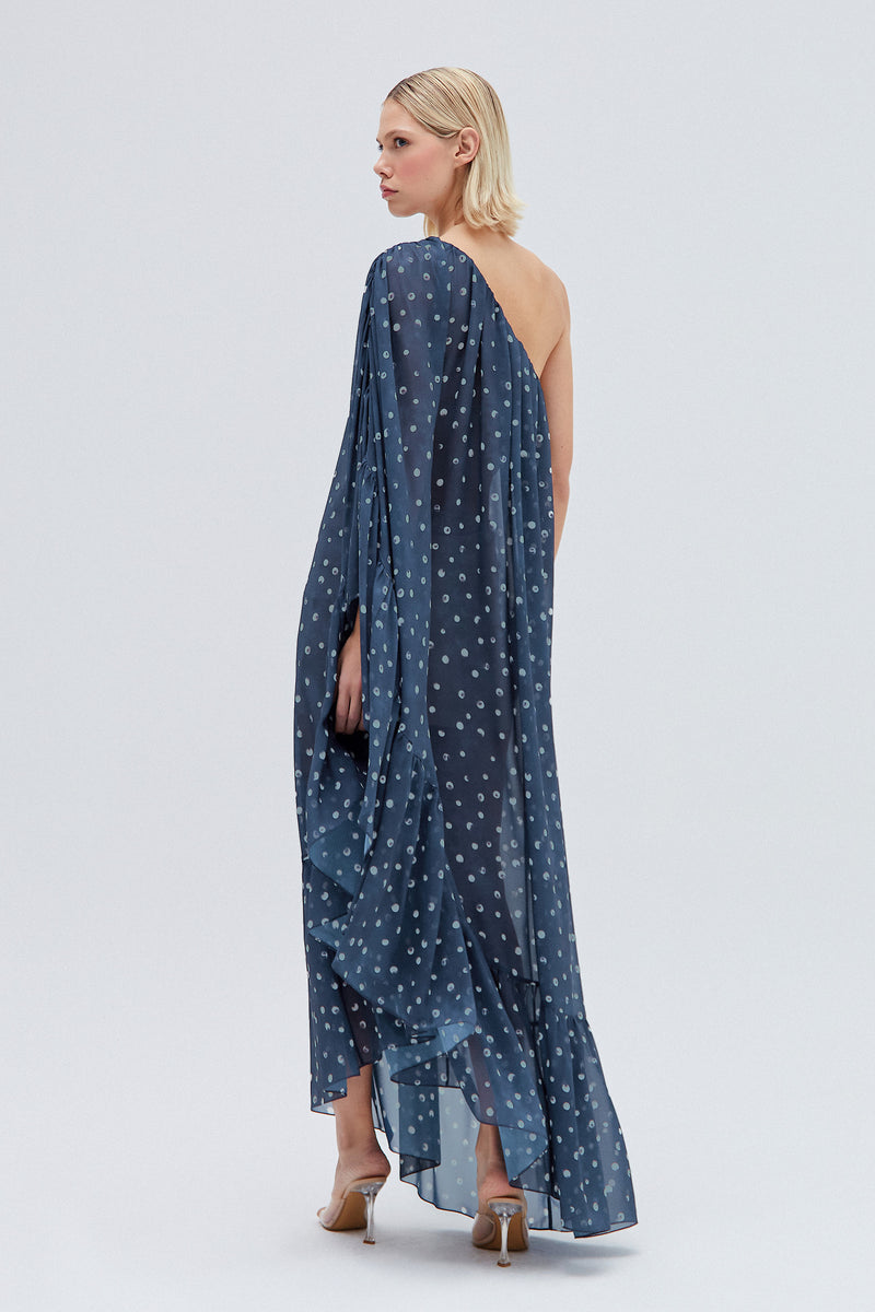 VESTIDO KAFTAN UM OMBRO GGT POÁ CINZA (8349639934179)
