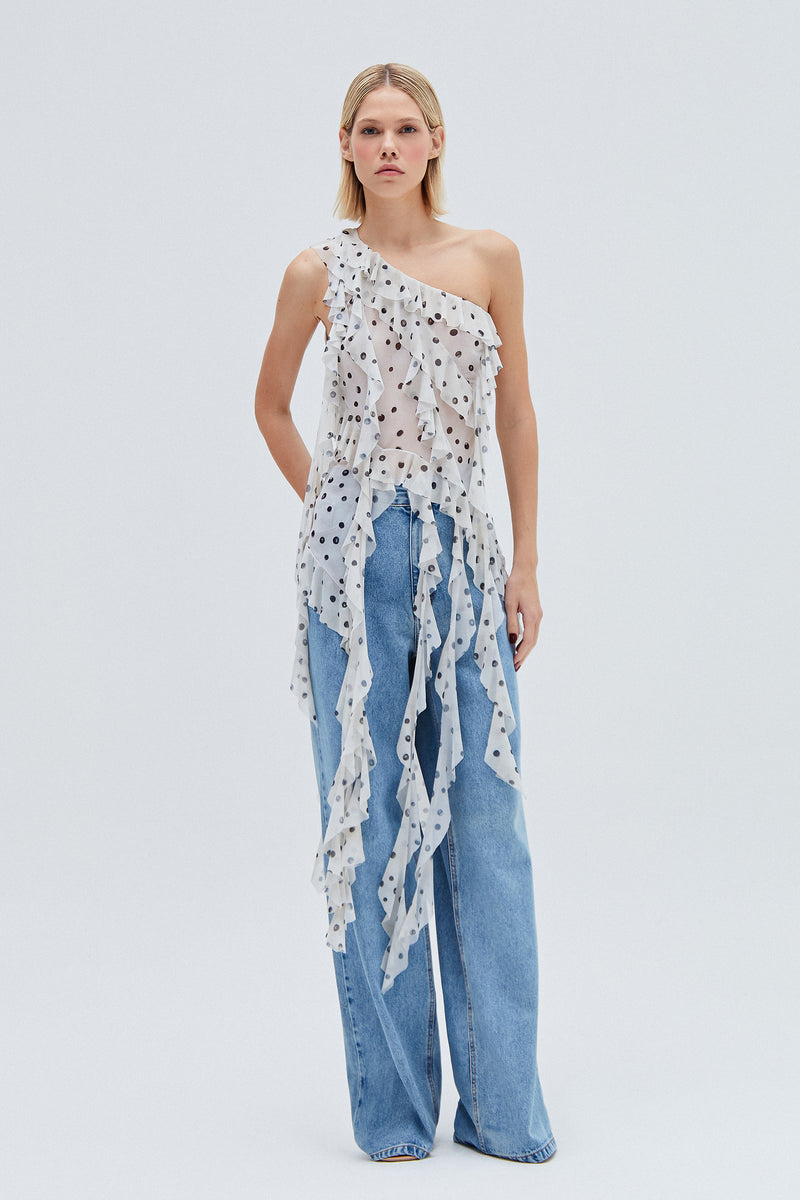 BLUSA UM OMBRO BABADOS TULE POÁ OFF WHITE (8257060602083)