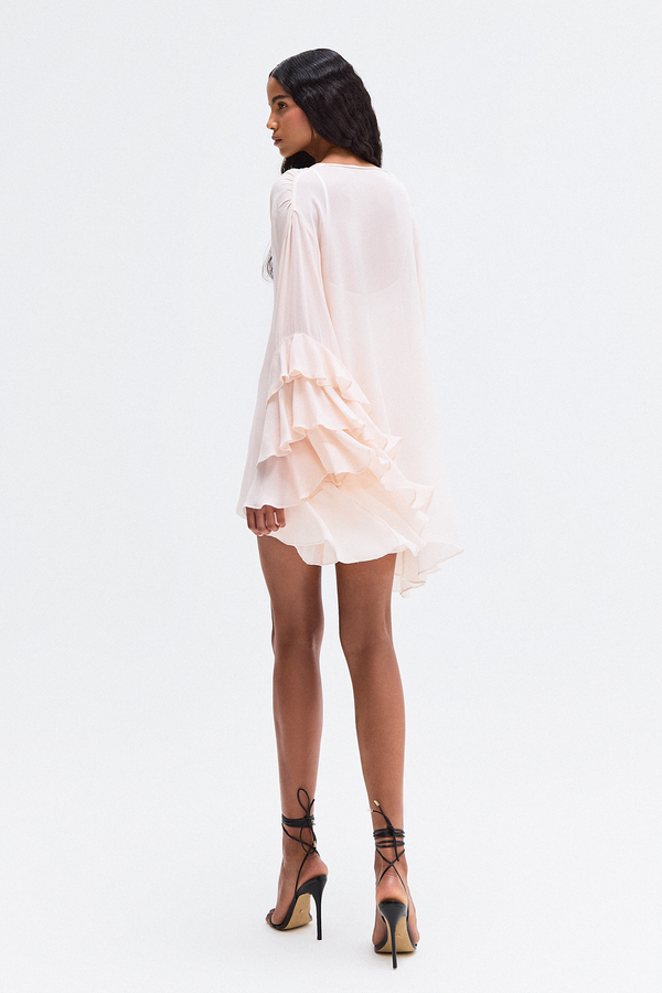 VESTIDO CURTO DECOTE V BABADOS MANGAS GEORGETE ROSA CLARO (8765750411491)