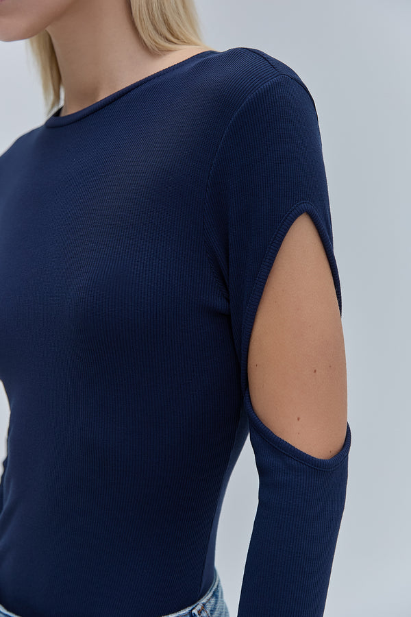 BLUSA MANGA LONGA RECORTE BRAÇO MALHA AZUL MARINHO (8470191702243)