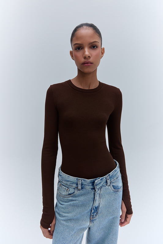 BLUSA MANGA LONGA DECOTE CARECA MALHA MARROM (8470190850275)