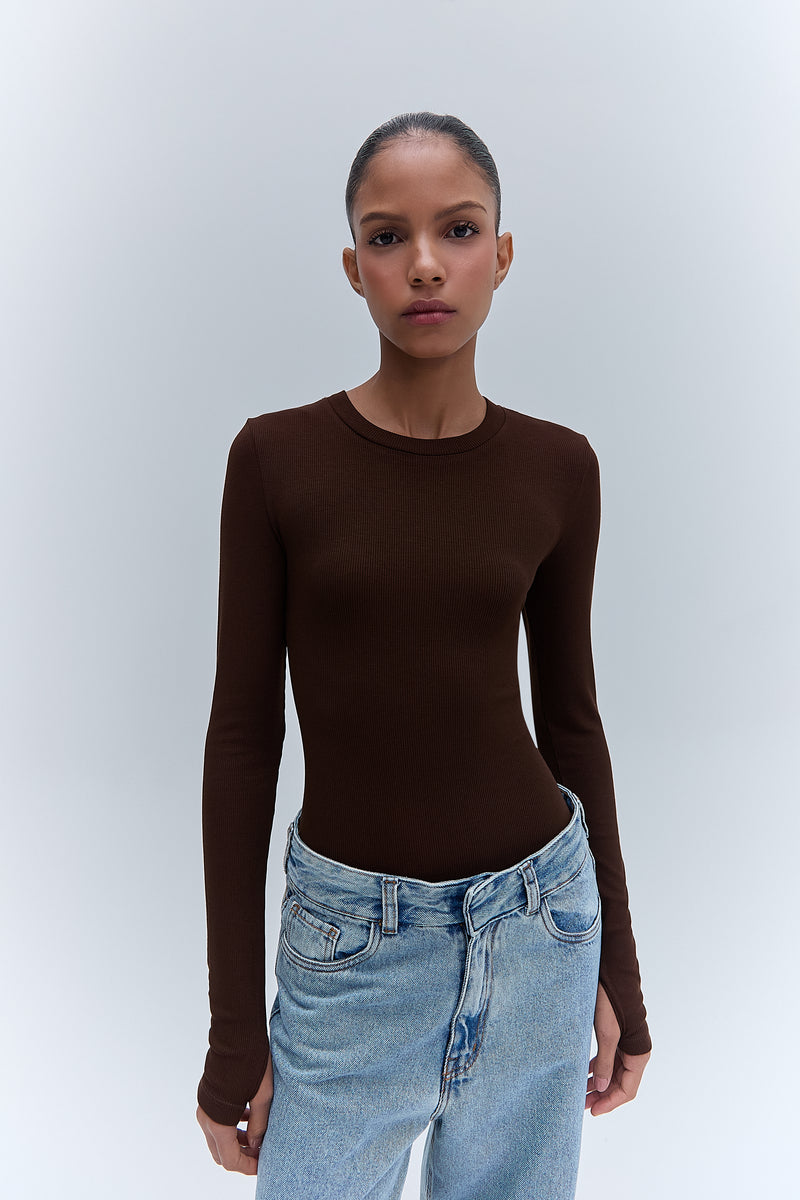 BLUSA MANGA LONGA DECOTE CARECA MALHA MARROM (8470190850275)
