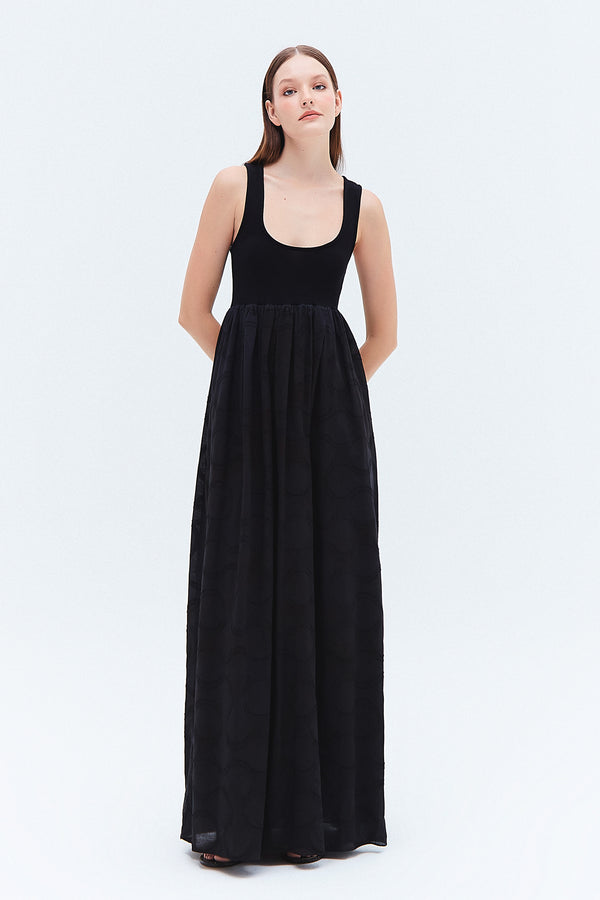 VESTIDO LONGO PEITO TRICOT CORPO JACQUARD ALGODÃO PRETO (8257063977187)