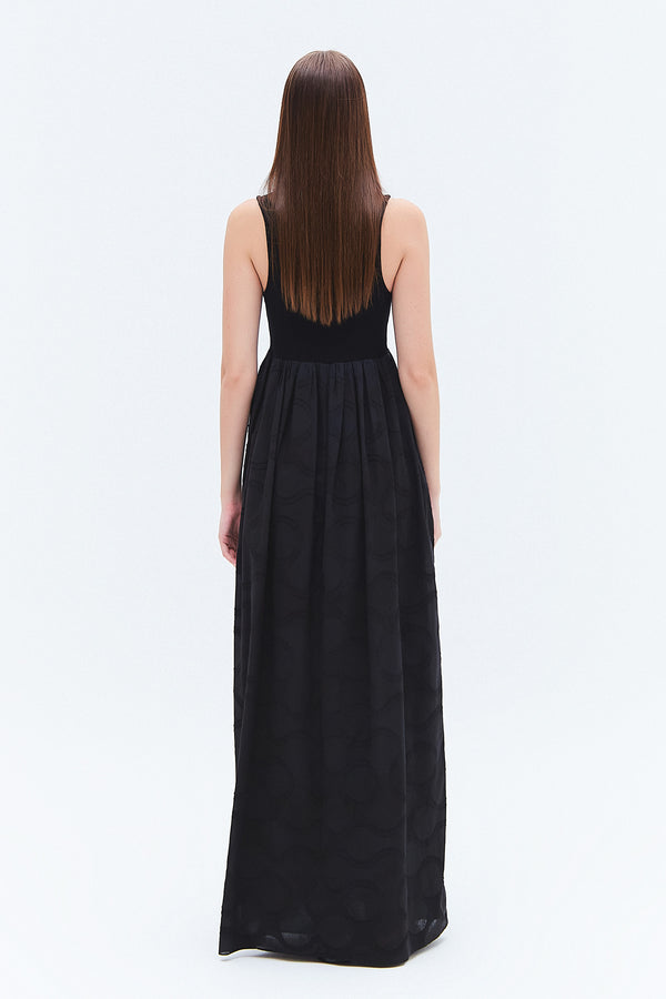 VESTIDO LONGO PEITO TRICOT CORPO JACQUARD ALGODÃO PRETO (8257063977187)