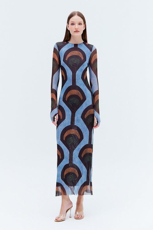 VESTIDO LONGO TUBO TULE ESTAMPA PADRÃO AZUL (8275826442467)