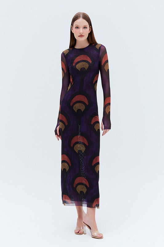 VESTIDO LONGO TUBO TULE ESTAMPA PADRÃO ROXA (8275826671843)