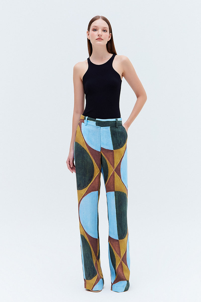 CALÇA LINHO RETA ESTAMPA PADRÃO AZUL (8275818610915)