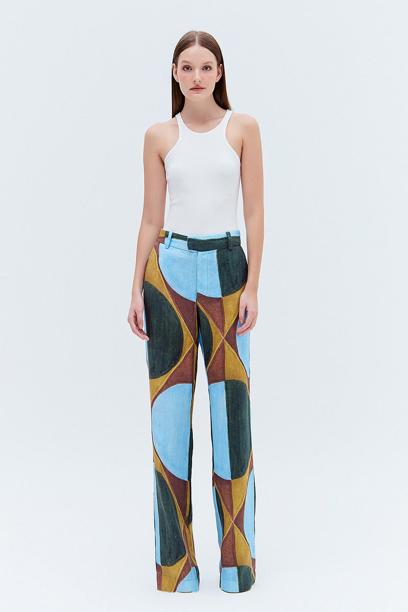 CALÇA LINHO RETA ESTAMPA PADRÃO AZUL (8275818610915)