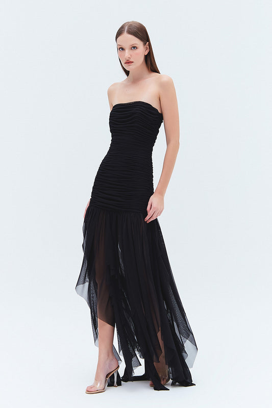 VESTIDO TOMARA QUE CAIA DRAPEADO TULE PRETO (8275827261667)