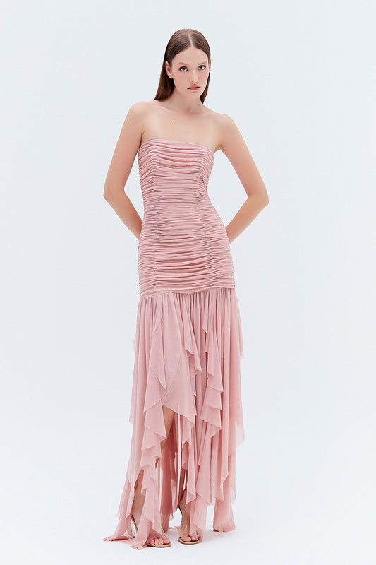 VESTIDO TOMARA QUE CAIA DRAPEADO TULE ROSA (8275827589347)