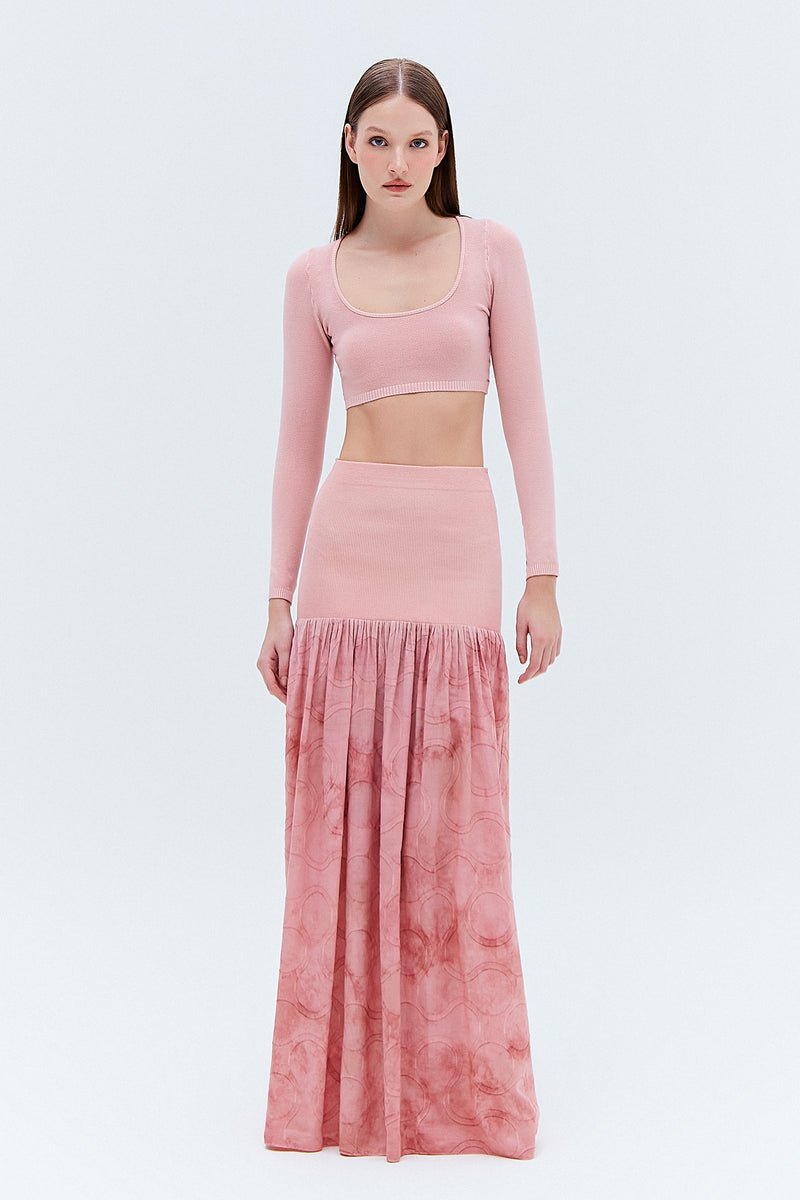 SAIA LONGA PALA TRICOT CORPO JACQUARD ALGODÃO ROSA MARMORIZADO (8257062306019)