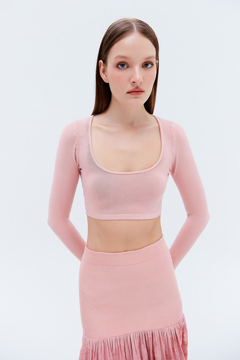 BLUSA CROPPED TRICOT MANGA LONGA ROSA (8257060208867)