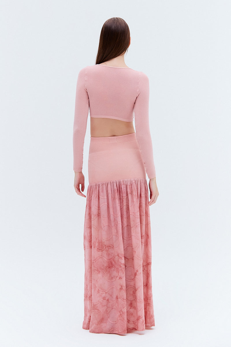 SAIA LONGA PALA TRICOT CORPO JACQUARD ALGODÃO ROSA MARMORIZADO (8257062306019)
