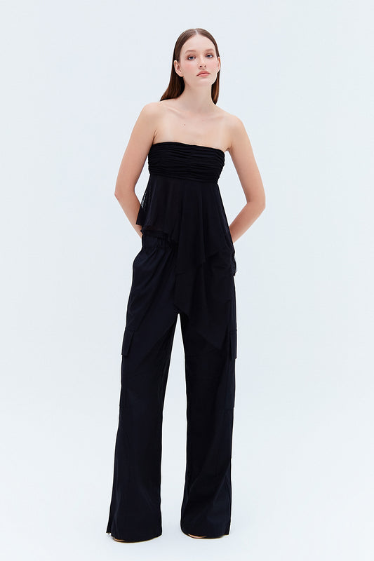 CALÇA CARGO ELÁSTICO CINTURA TRICOLINE PRETA (8275818447075)