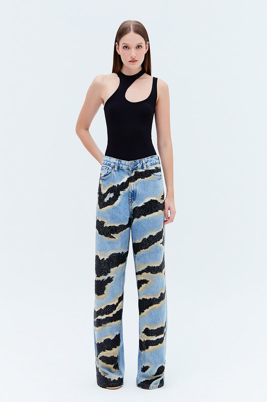 CALÇA JEANS TIGRE PEDRAS PINTADO A MÃO (8275818578147)