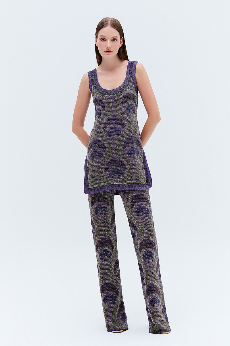 CALÇA TRICOT LUREX ESTAMPA PADRÃO ROXO (8275818807523)