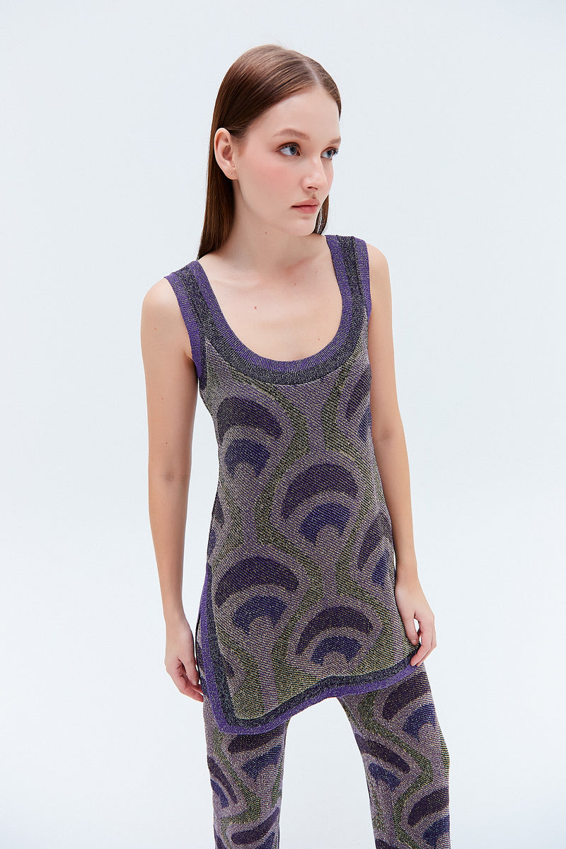BLUSA TRICOT LUREX ESTAMPA PADRÃO ROXO (8275818053859)