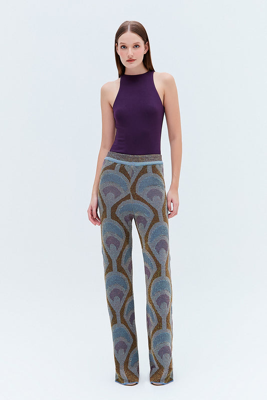 CALÇA TRICOT LUREX ESTAMPA PADRÃO AZUL (8275818774755)