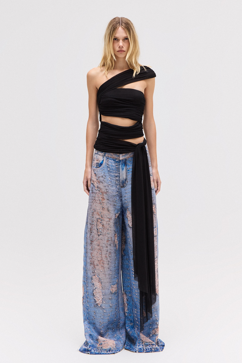 CALÇA SARJA PERNA AMPLA ESTAMPA JEANS ALFINETES (8791557996771)