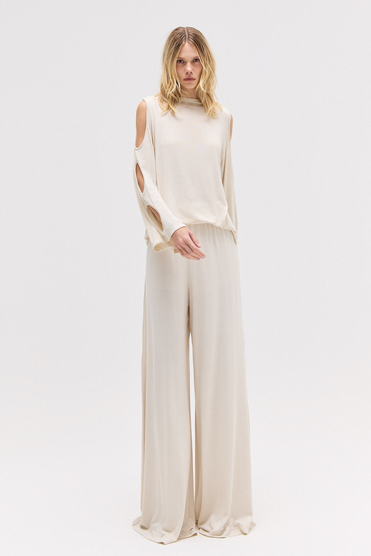 BLUSA AMPLA MANGA LONGA ABERTURAS BRAÇOS MALHA BEGE (8784852877539)