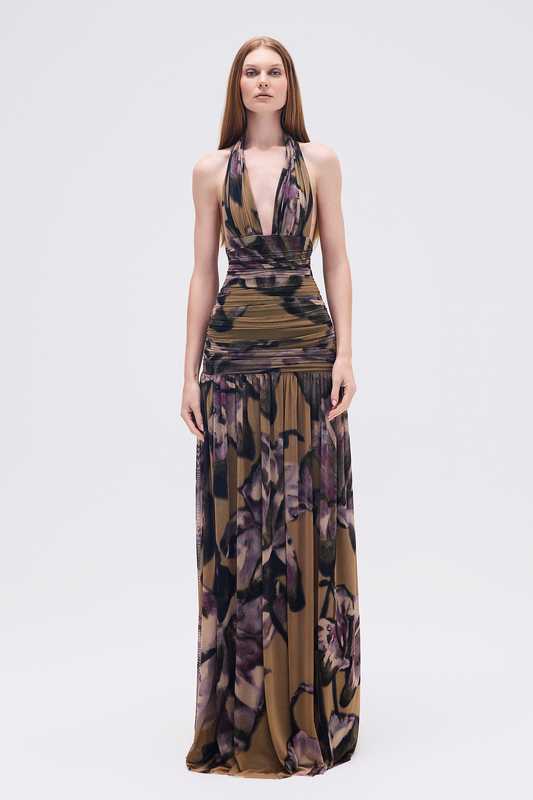 VESTIDO LONGO FRENTE ÚNICA DRAPEADO TULE FLORAL (8748927549667)