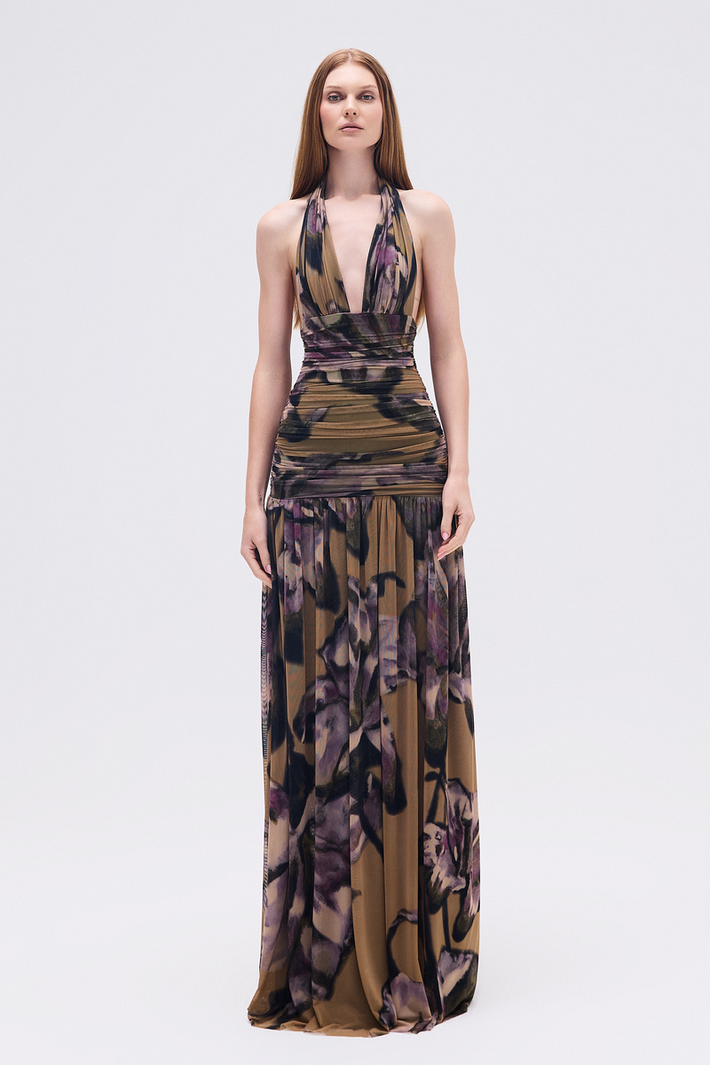 VESTIDO LONGO FRENTE ÚNICA DRAPEADO TULE FLORAL (8748927549667)