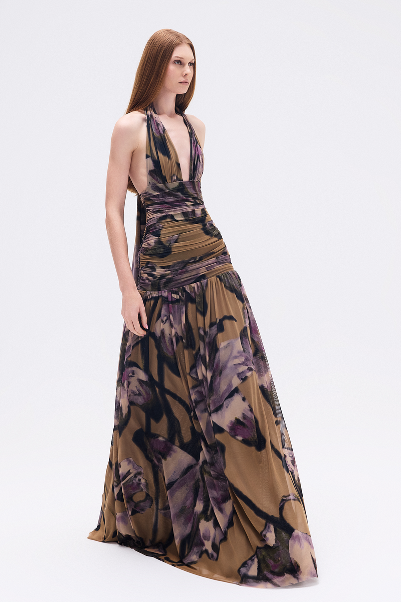 VESTIDO LONGO FRENTE ÚNICA DRAPEADO TULE FLORAL (8748927549667)