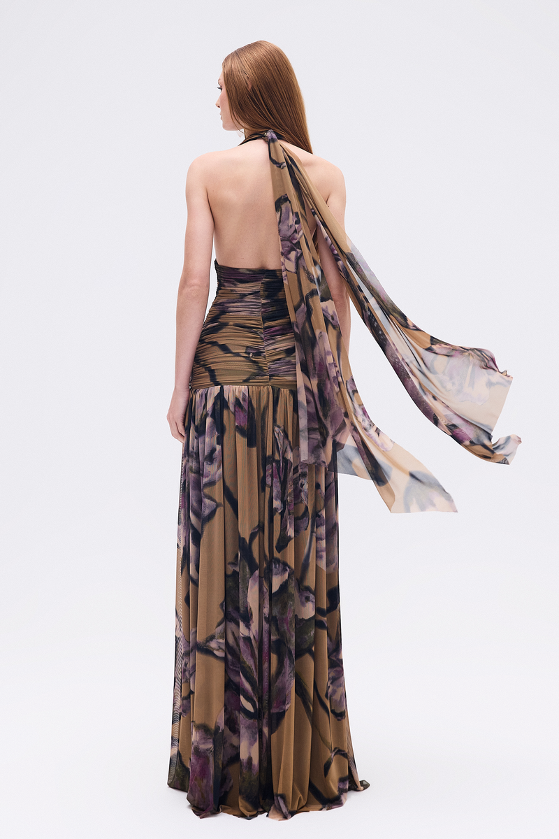 VESTIDO LONGO FRENTE ÚNICA DRAPEADO TULE FLORAL (8748927549667)