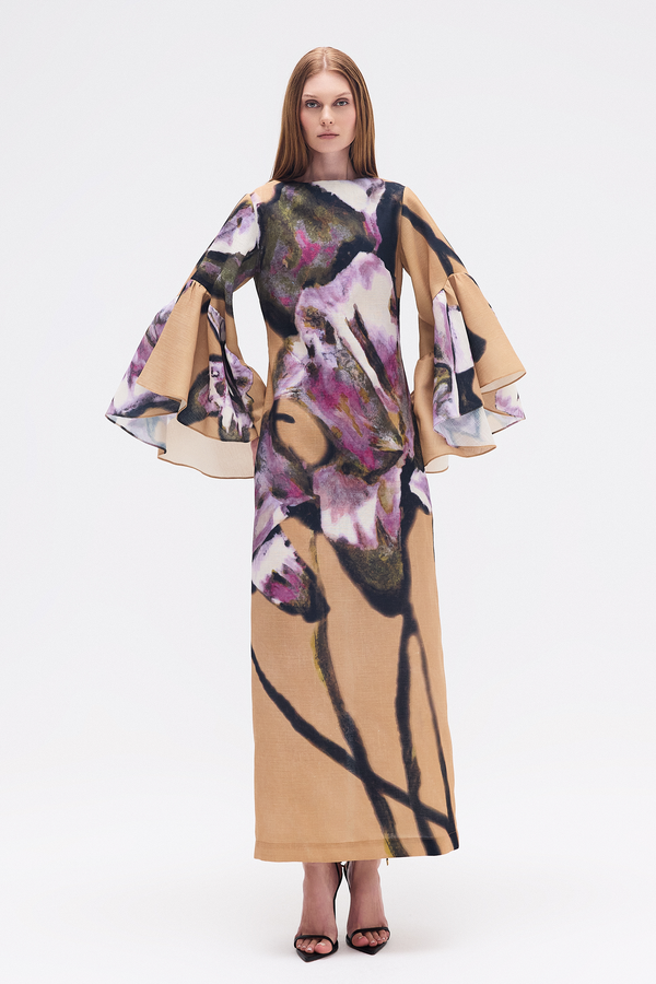 VESTIDO LONGO LINHO MANGA BABADOS FLORAL (8748927680739)