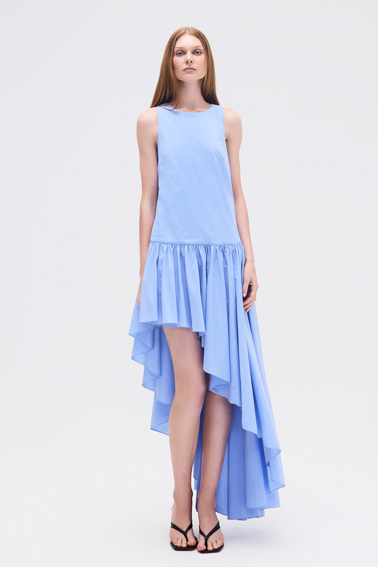 VESTIDO SAIA GODÊ ASSIMÉTRICA TRICOLINE LISTRAS AZUIS (8748928434403)