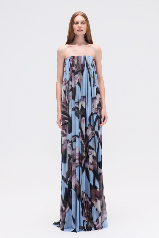 VESTIDO LONGO AMPLO TOMARA QUE CAIA TULE FLORAL (8748927254755)