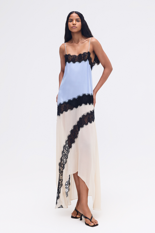 VESTIDO LONGO CETIM AZUL E GGT BEGE RENDA PRETA (8748927353059)