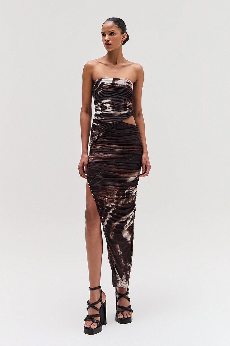 VESTIDO TOMARA QUE CAIA TULE DRAPEADO ESTAMPA TIGRE (8579906896099)