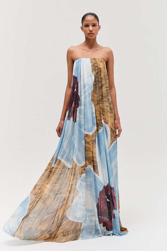 VESTIDO LONGO AMPLO TOMARA QUE CAIA TULE ESTAMPA FLORAL (8579906044131)
