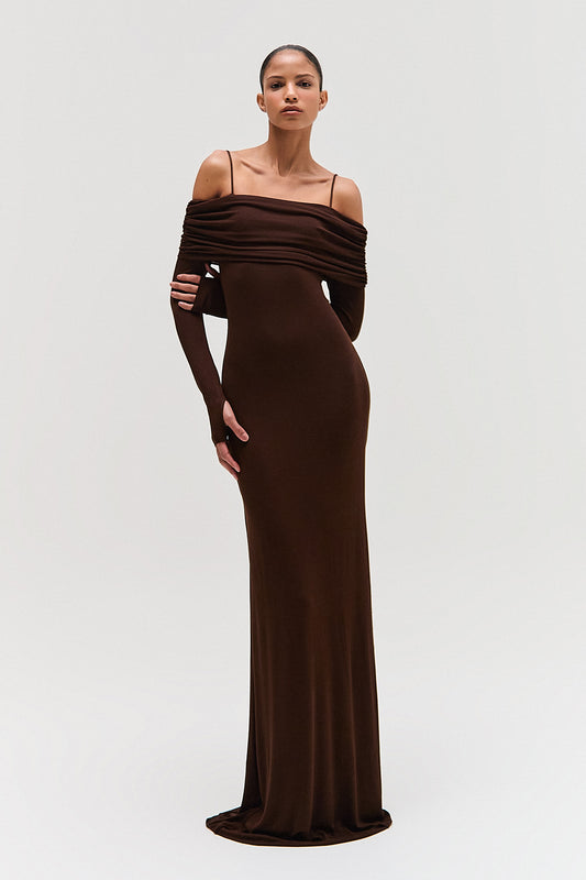 VESTIDO LONGO DUPLO PALA DRAPEADA MALHA MARROM (8579906568419)