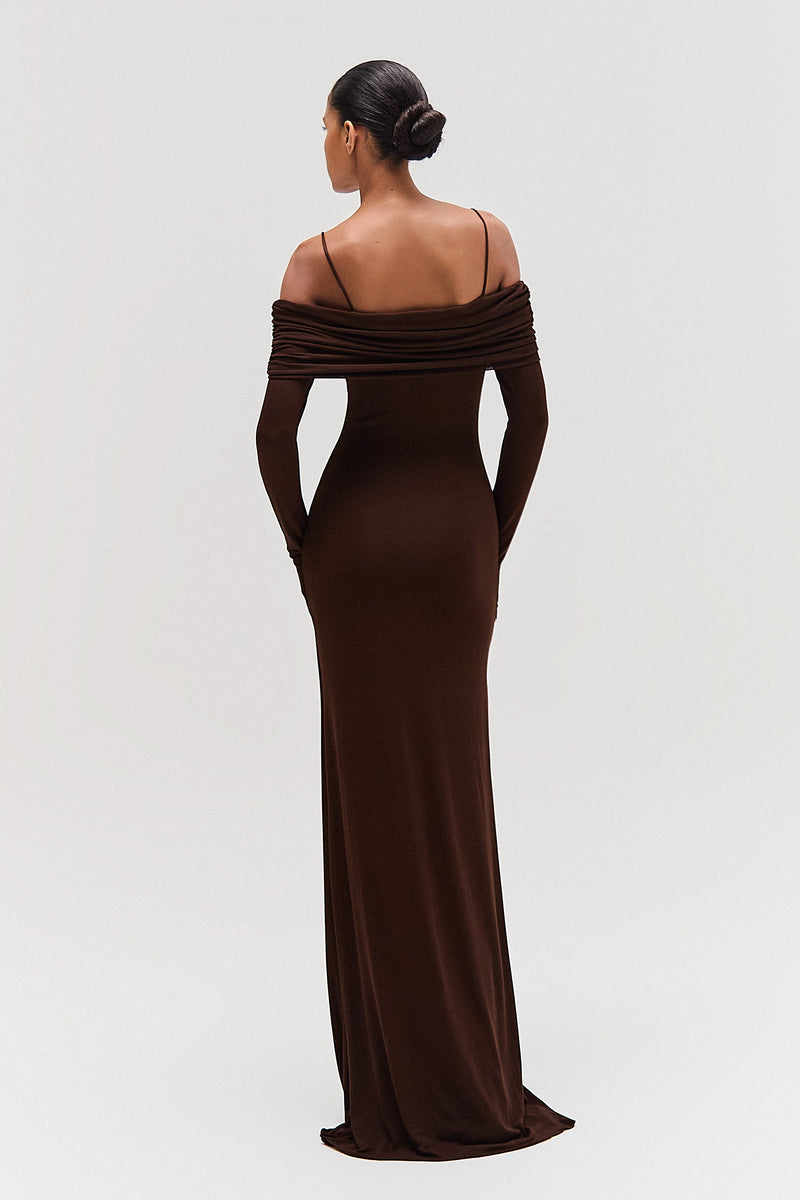 VESTIDO LONGO DUPLO PALA DRAPEADA MALHA MARROM (8579906568419)
