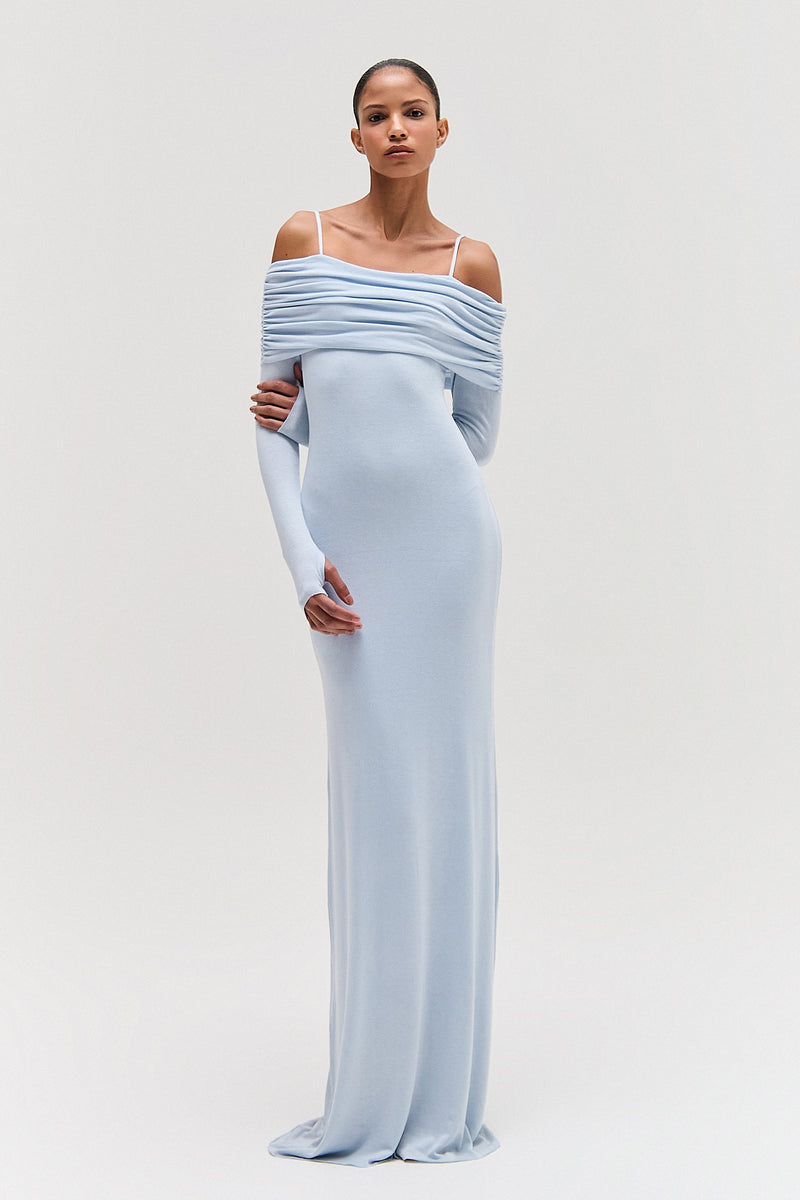 VESTIDO LONGO DUPLO PALA DRAPEADA MALHA AZUL CLARO (8579906076899)